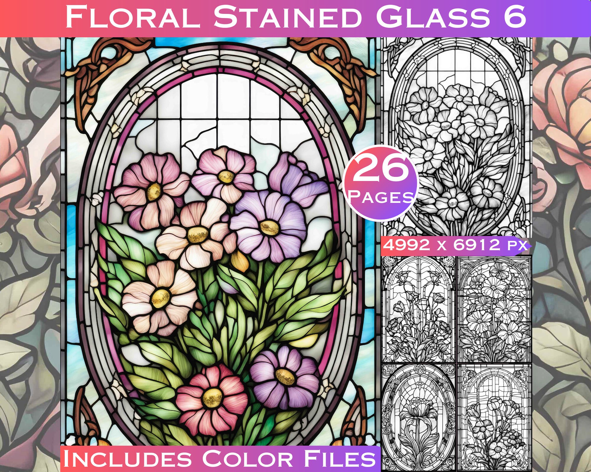 Floral stained glass collection coloring page set adults kids instant download grayscale coloring page gift printable pdf