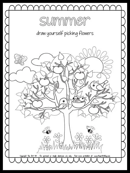 Summer coloring page â draw yourself picking flowers â free printable â the art kit