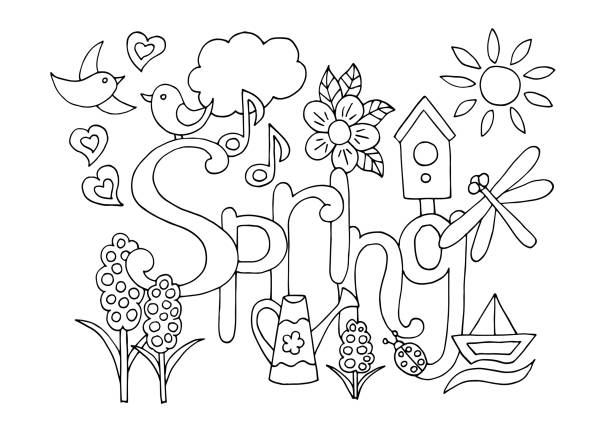 Hand drawn coloring page on spring theme stock illustration