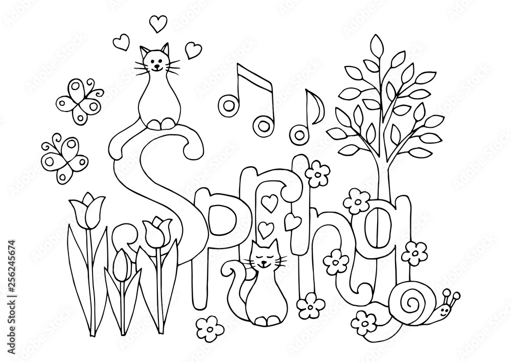 Hand drawn coloring page on spring theme vector