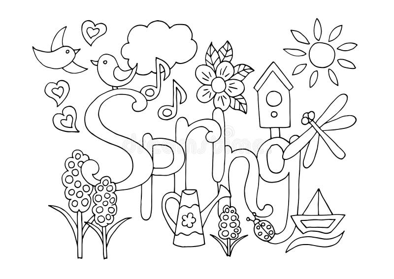 Hand drawn coloring page on spring theme stock illustration