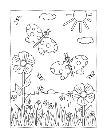 Spring or summer joy themed coloring page with butterflies flowers grass
