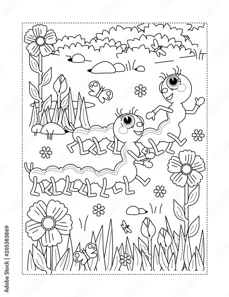 Spring or summer joy themed coloring page with caterpillars flowers grass vector