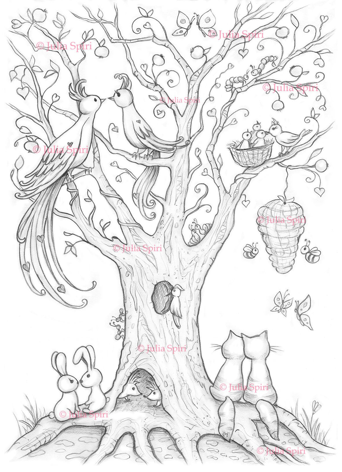 Coloring page tree with animals birds bees rabbits cats tree of â the art of julia spiri