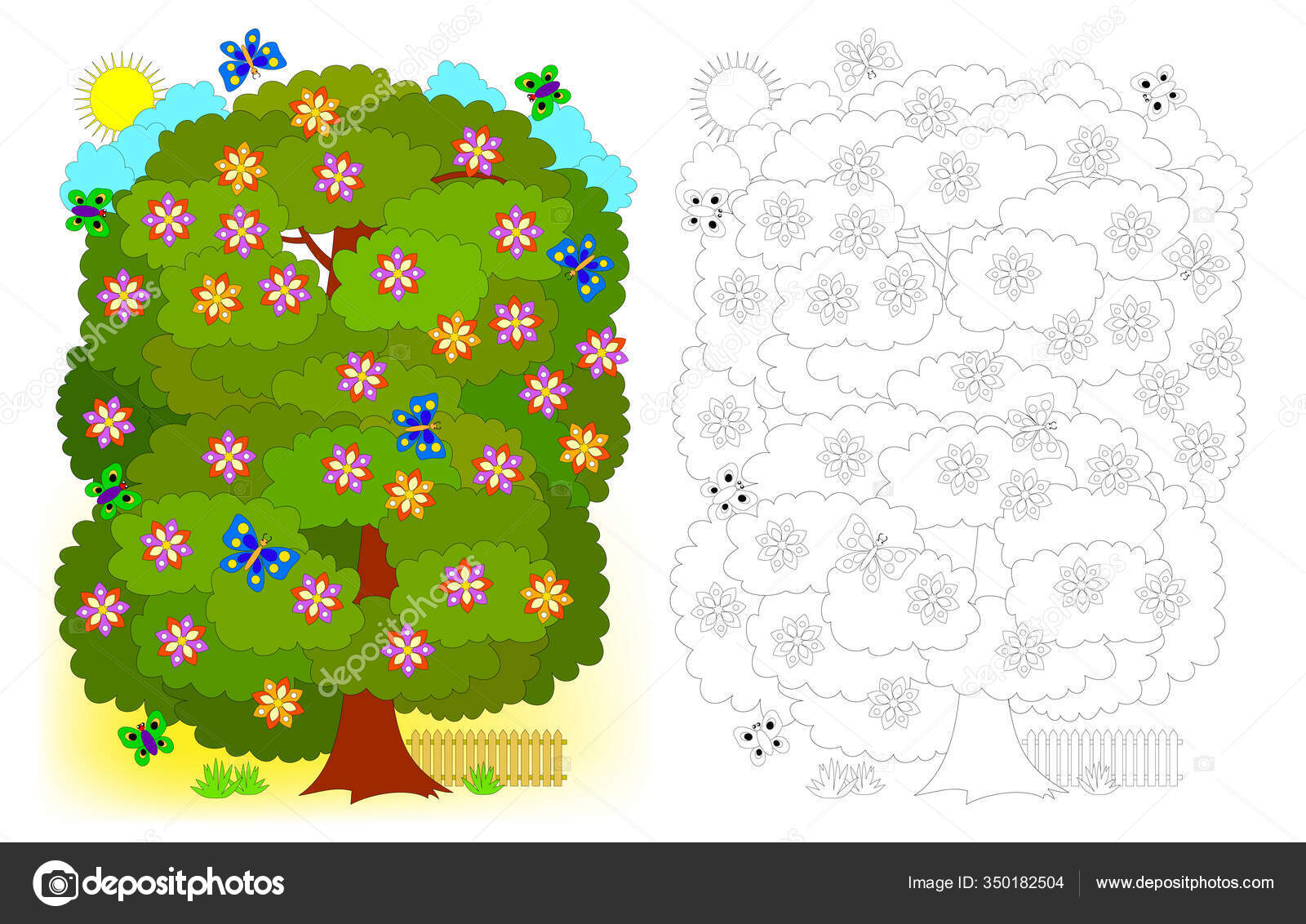Colorful black white template coloring illustration spring tree flowers kids stock vector by nataljacernecka