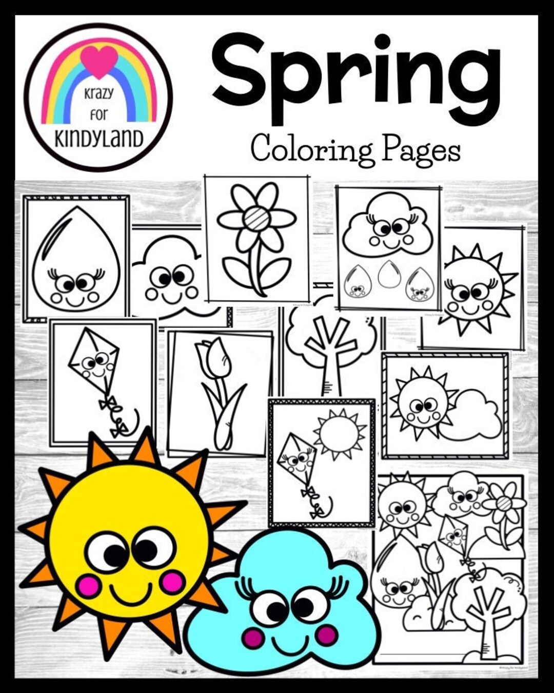 Spring coloring pages printable booklet sun cloud rain flower kite tree kids coloring pages coloring book kids coloring sheets