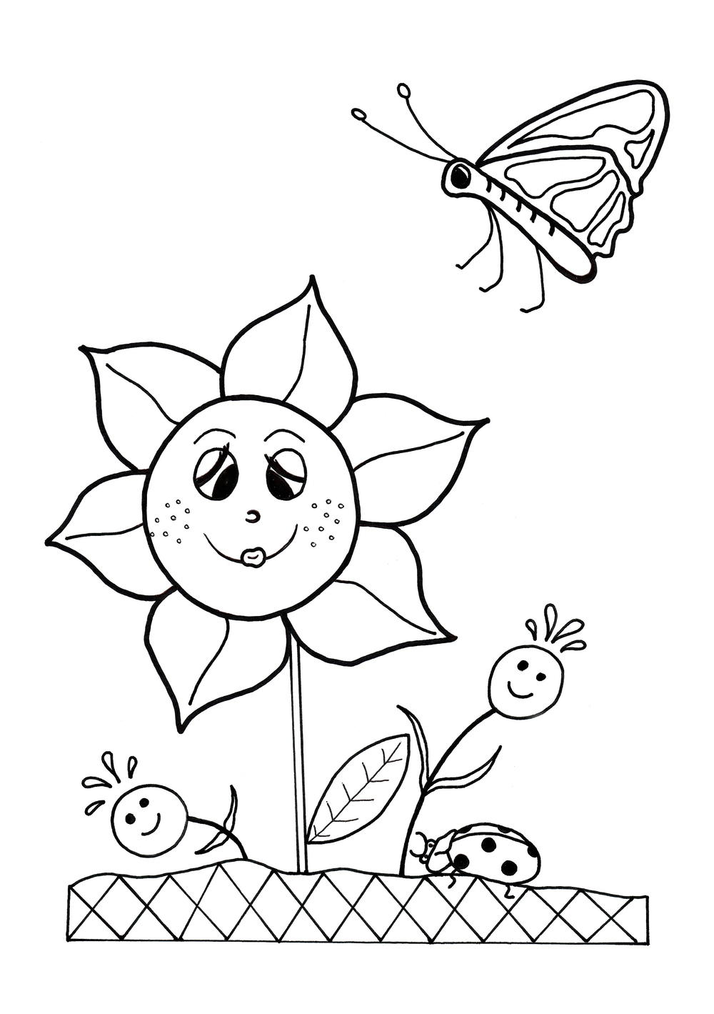 Dancing flowers spring coloring sheet