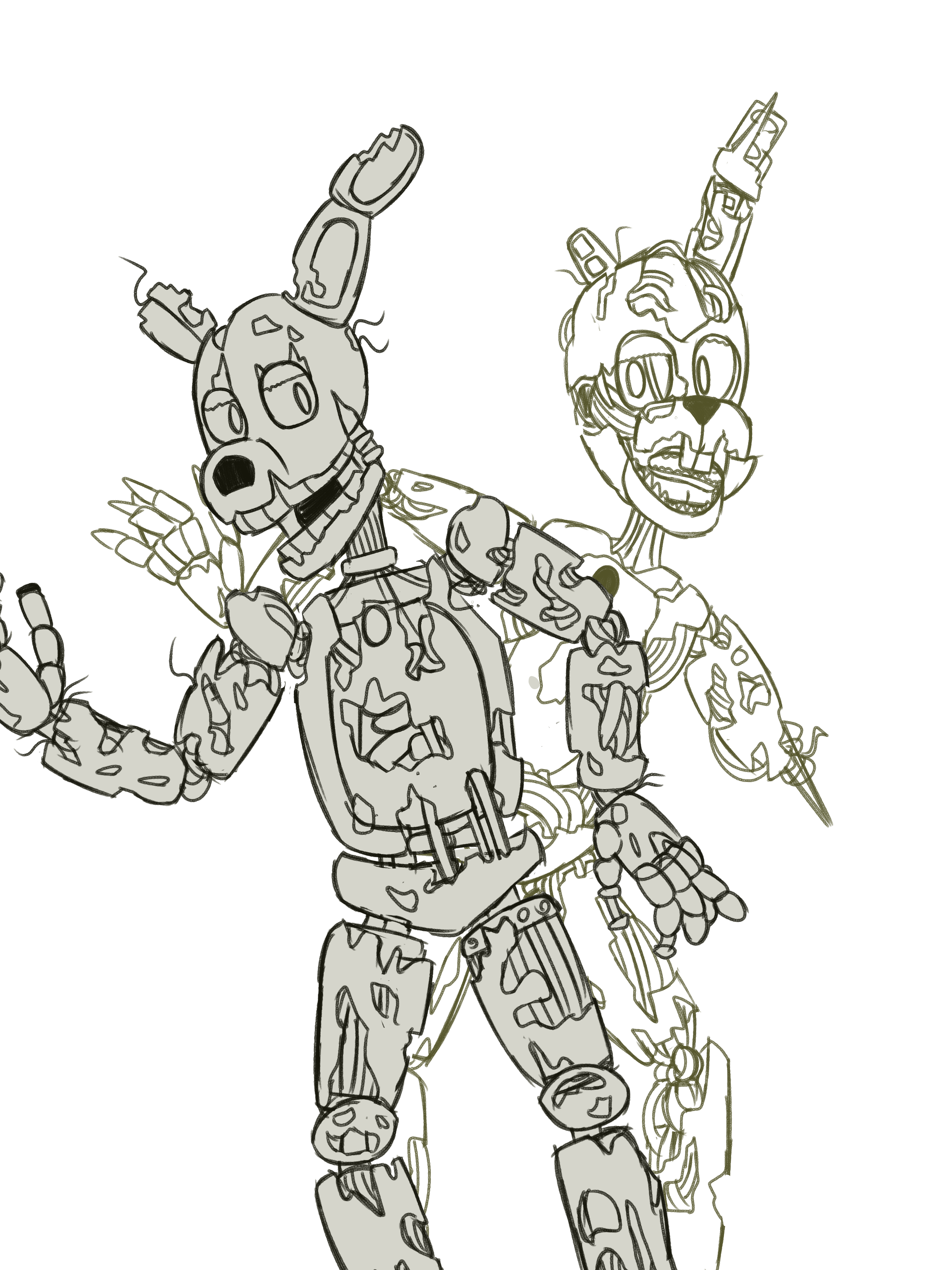 A wip of springtrap and scraptrap anything that should be adjusted or changed before i do the lineart rfivenightsatfreddys