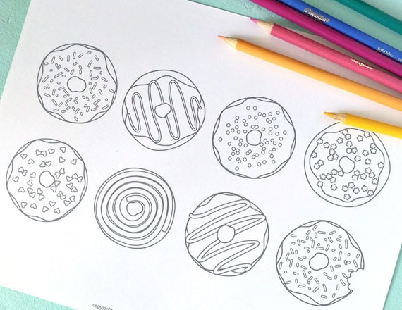 Printable doughnuts coloring page digital file instant download sweets treats donut toppings frosting sprinkles