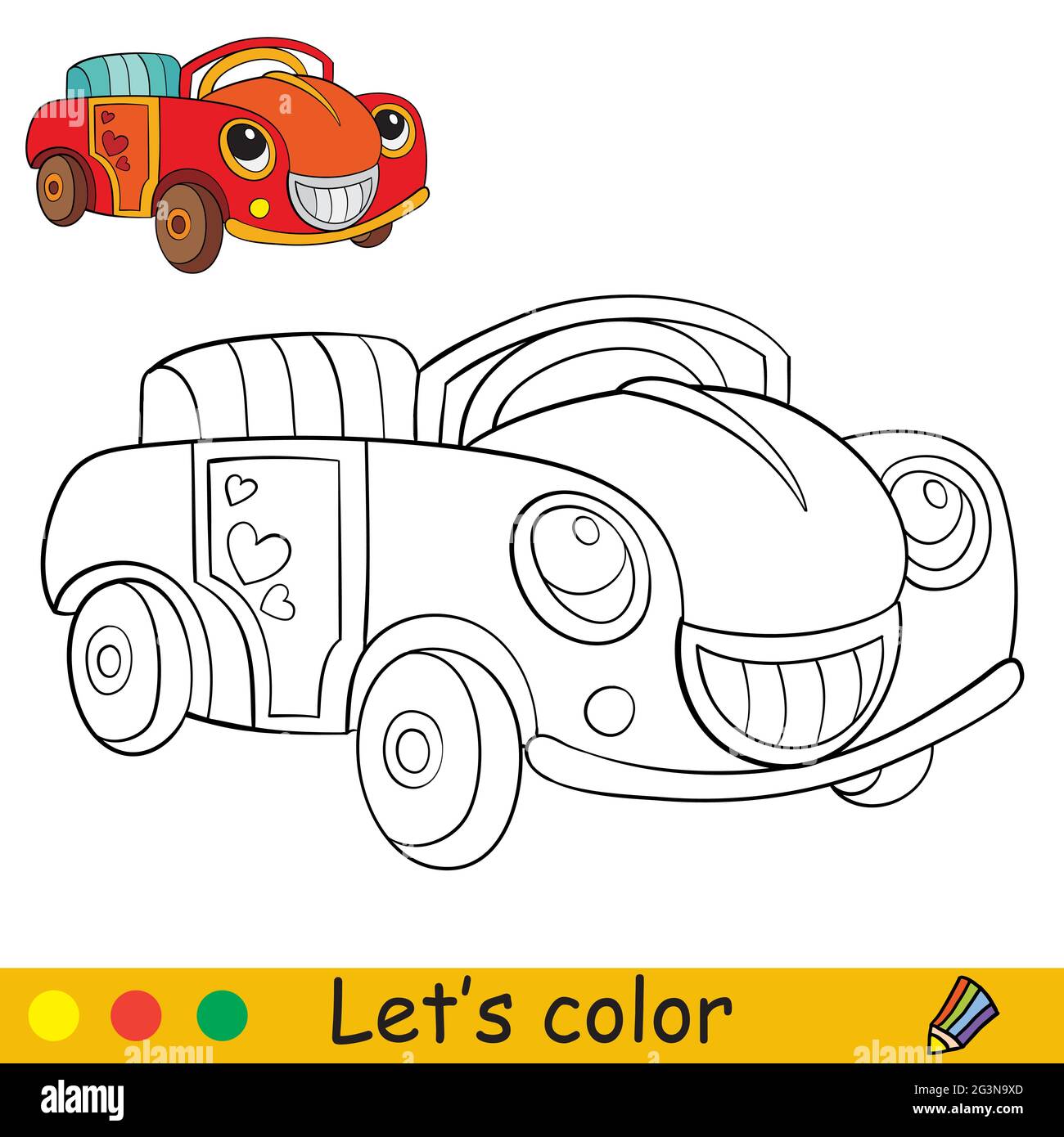 Cute cartoon smiling car coloring book page with colorful template for kids vector isolated illustration for coloring book print game party des stock vector image art