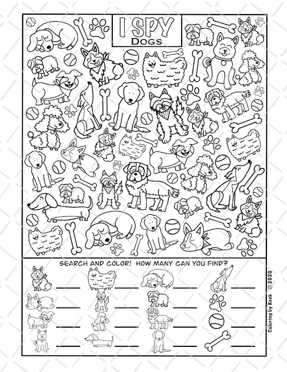 I spy dogs coloring page printout download colouring search and count activity for kids cute dog doodles cartoons different dog breeds