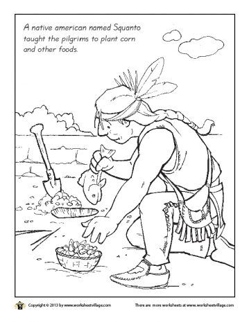 Squanto coloring page â worksheet village thanksgiving coloring pages coloring pages pilgrims and indians