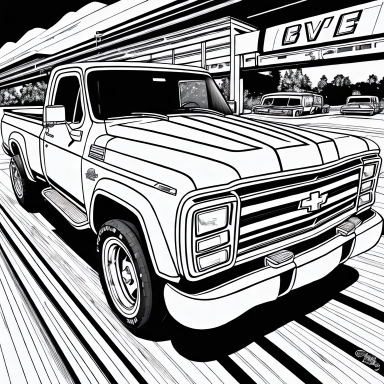 Black and white coloring page s chevy truck on the highway cartoon style thick lines low detl no shading aspect ratio