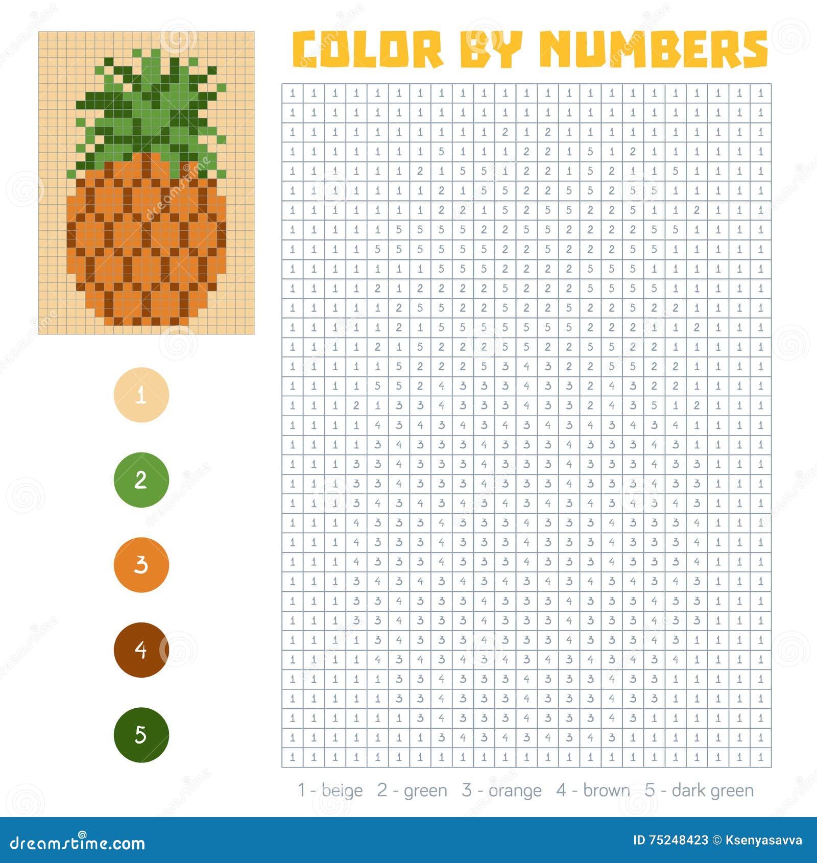 Color by number fruits and vegetables pineapple stock vector