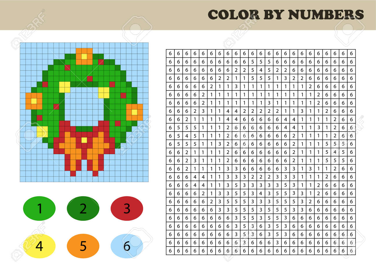 Color by numbers education game for children coloring book with numbered squares christmas wreath royalty free svg cliparts vectors and stock illustration image