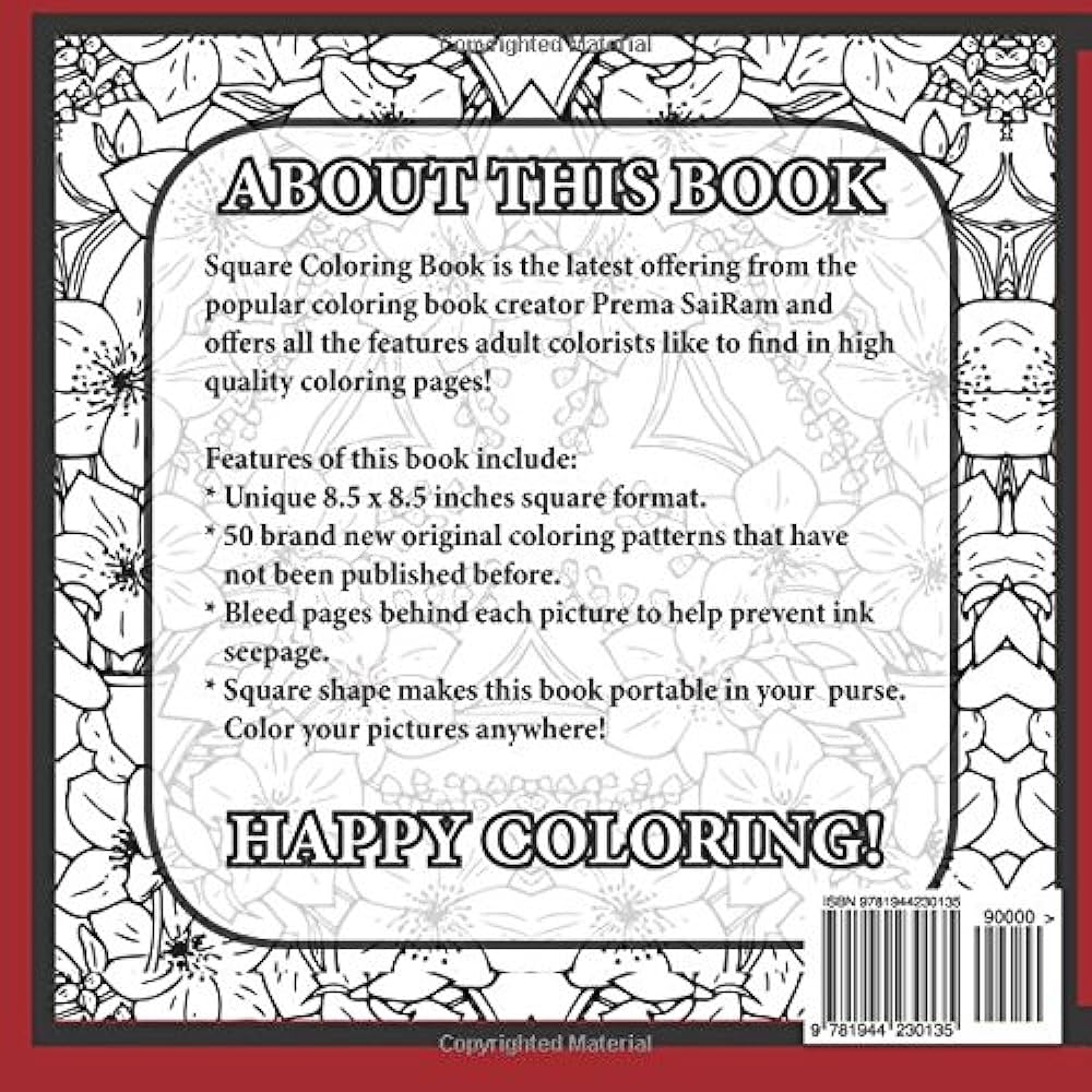 Square coloring book original square shaped patterns designs adult coloring pages created for grown up color in enthusiasts sairam prema books