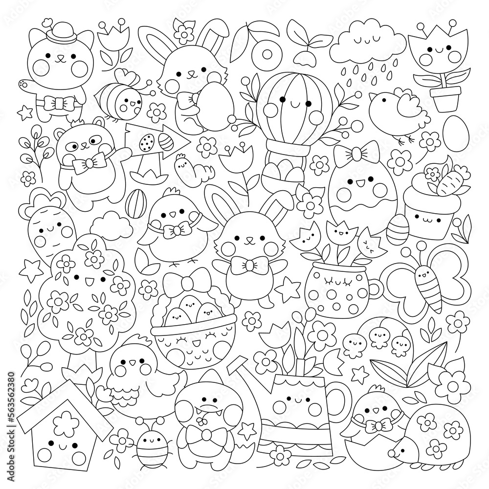 Vector easter square line coloring page for kids with cute kawaii characters black and white spring holiday illustration with funny bunny chicks animals eggs flowers garden color book vector
