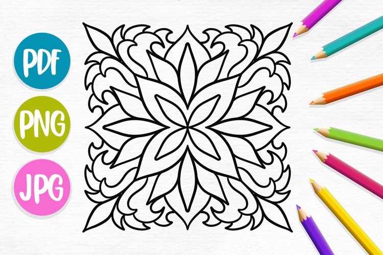 Abstract square floral mandala art coloring page