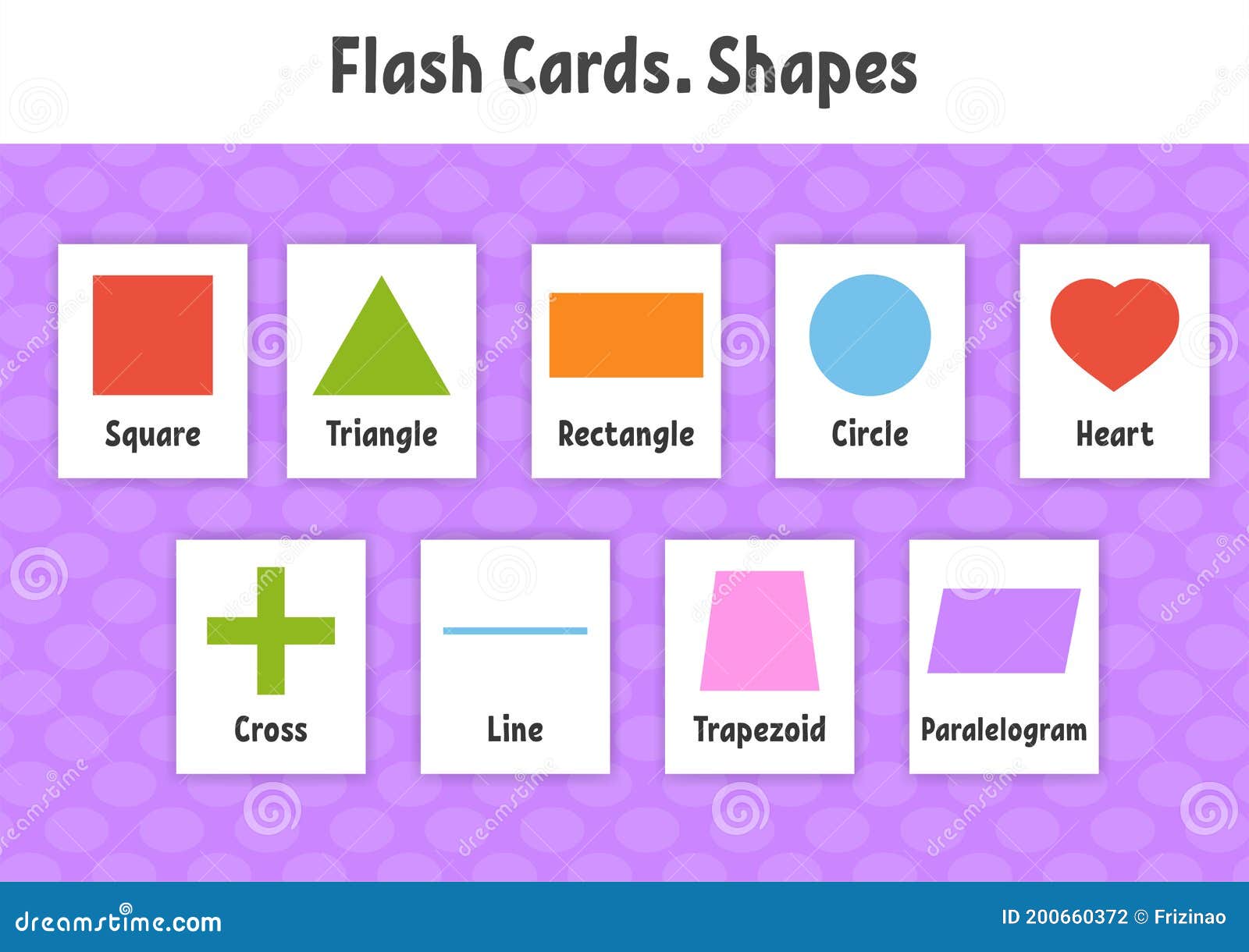 Flash cards learning shapes education developing worksheet activity page for kids color game for children stock vector