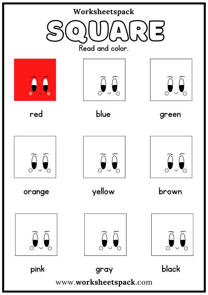 Free square shape activity sheets color squares by word