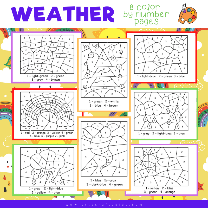 Weather color by number worksheets for kids