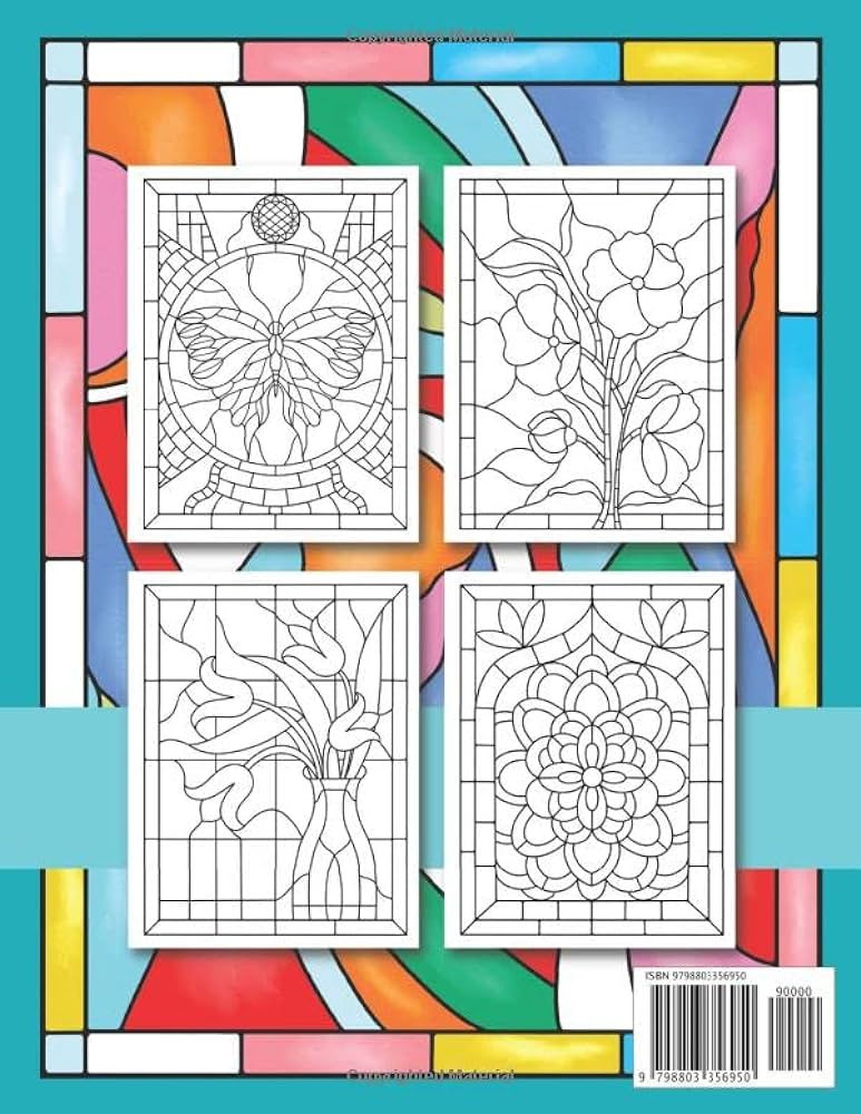 Stained glass loring book for adults large print designs with flowers birds butterflies patterns and window motifs for relaxation and stress relieving dean ora books