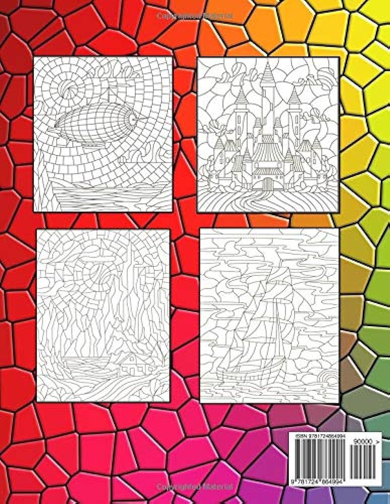 Stained glass art scenic landscapes coloring book mosaic nature designs picturesque castles ocean sail ships