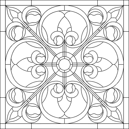 Stained glass in square frame window on the ceiling in square frame symmetric position vector illustration panel for window outline vector stock illustration