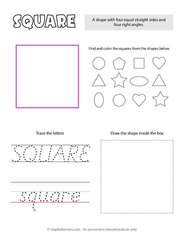 Square shape tracing and coloring worksheet printable