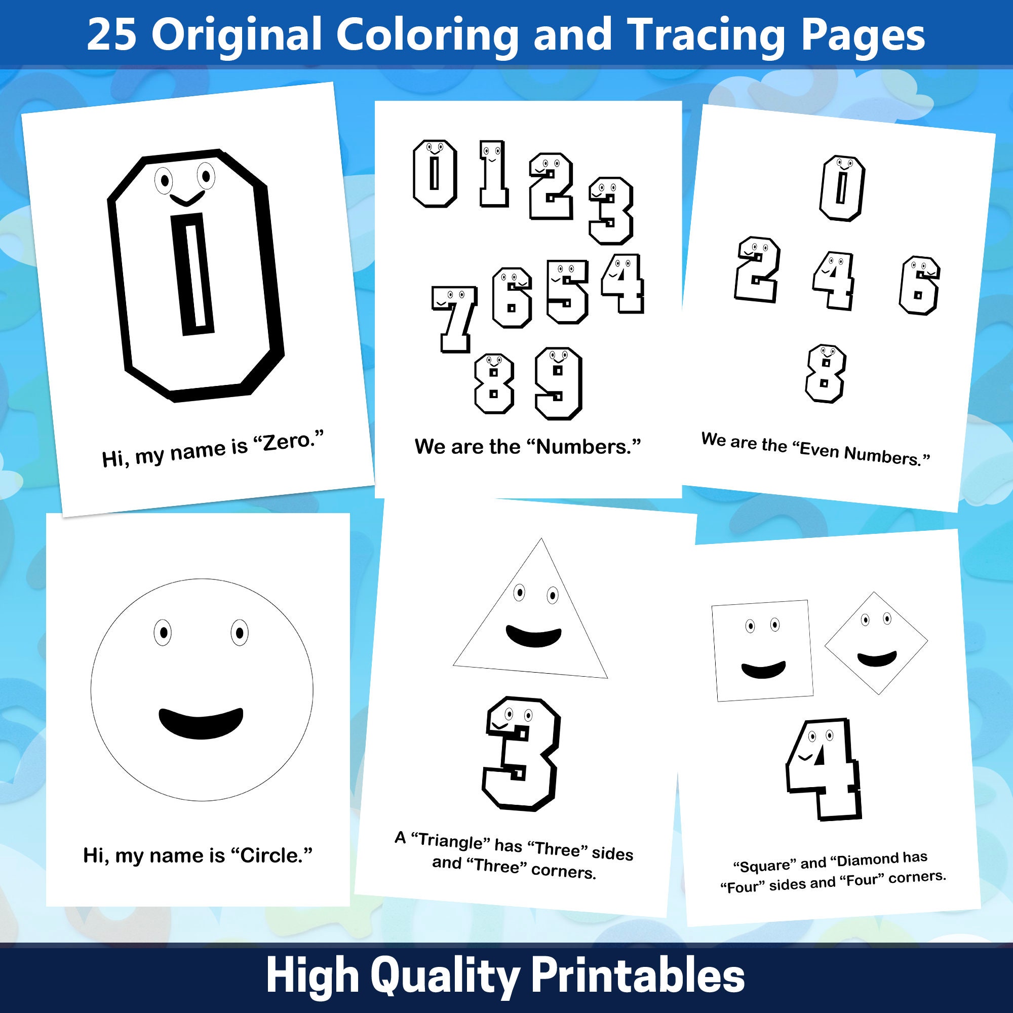 Happy shapes and numbers coloring pages instant download coloring book for kids to relieve stress relax learn faster and be confident