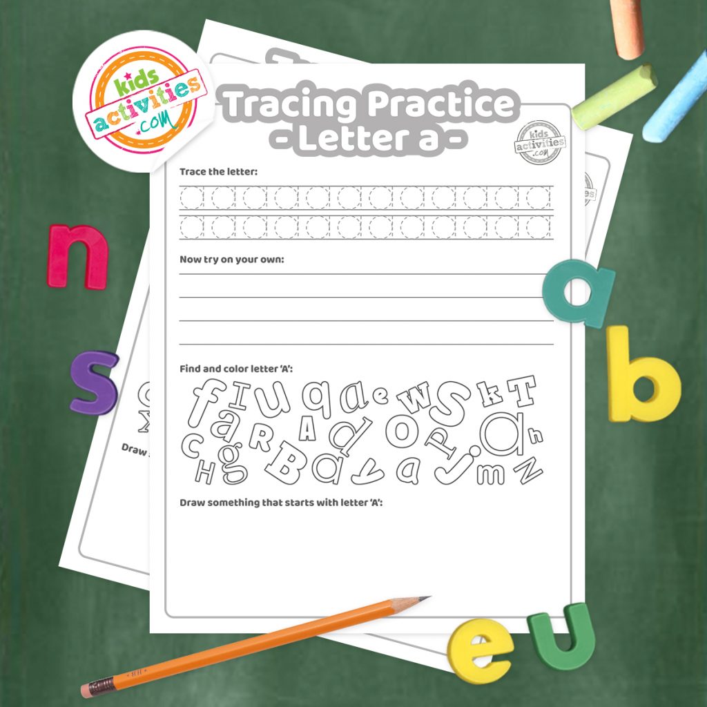 Free letter a practice worksheet trace it write it find it draw kids activities blog