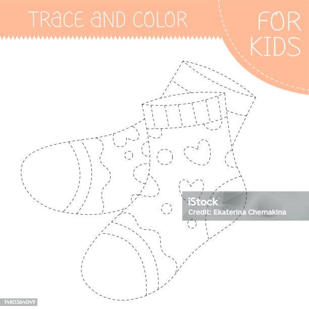 Trace and color coloring book with socks for kids coloring page with cartoon socks vector square illustration stock illustration