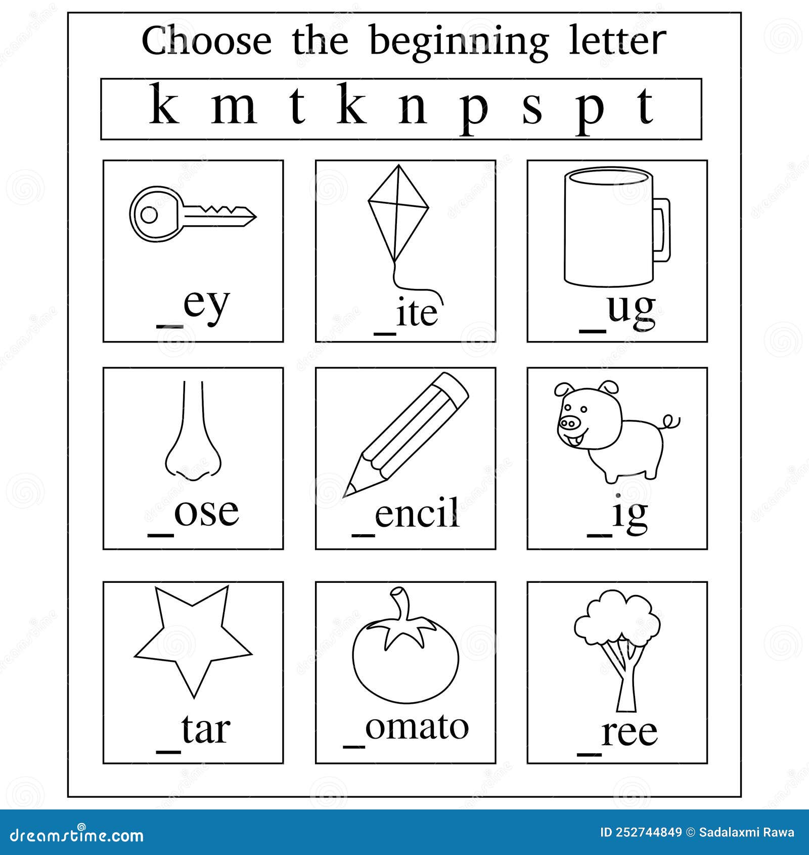 Worksheet matching vocabulary letters with coloring page version stock image