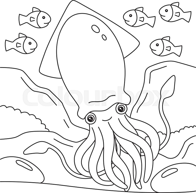 Giant squid coloring page for kids stock vector