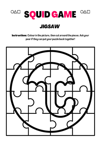 Squid game jigsaw colouring sheet honeyb dalgona shapes teaching resources