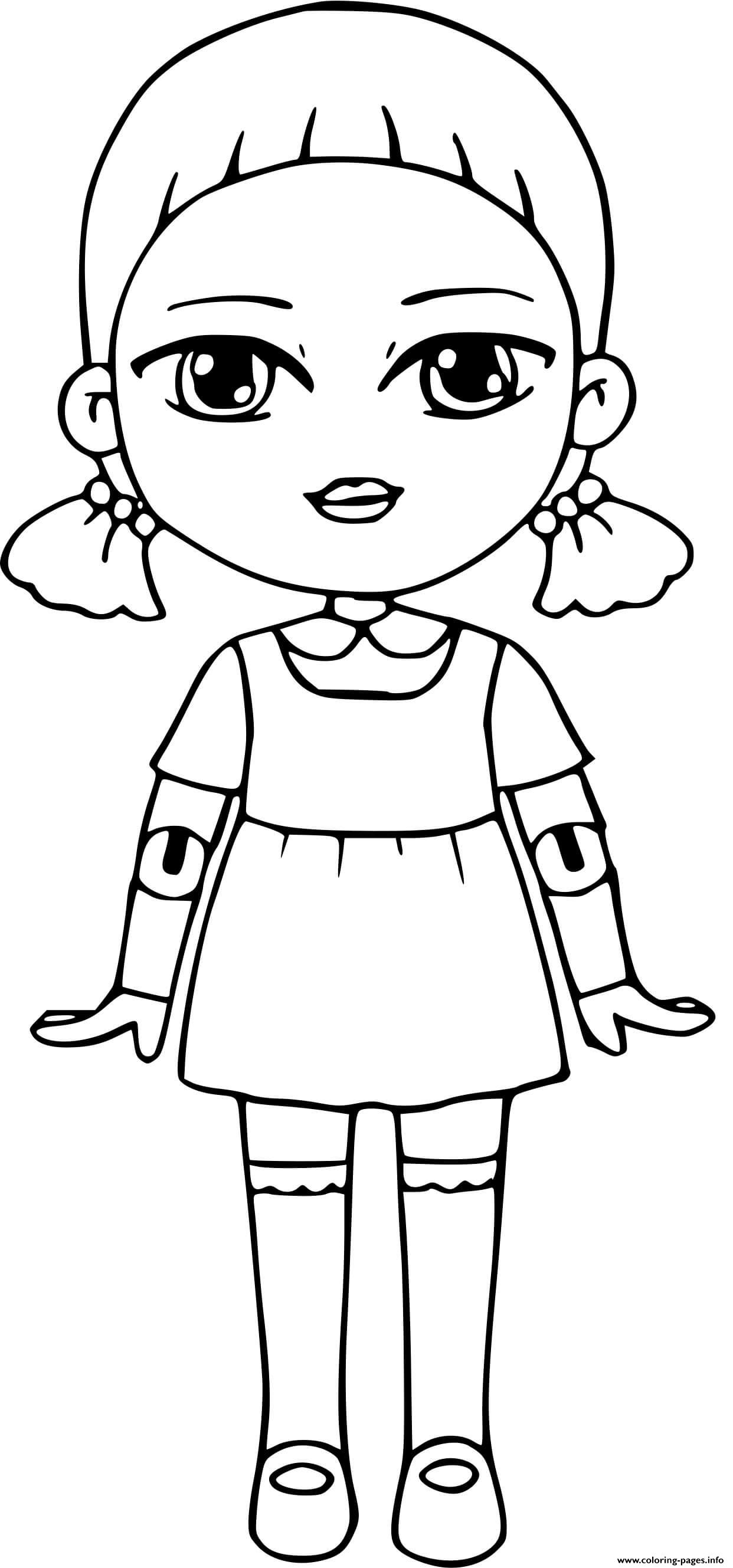 Squid game red light green light doll coloring page printable