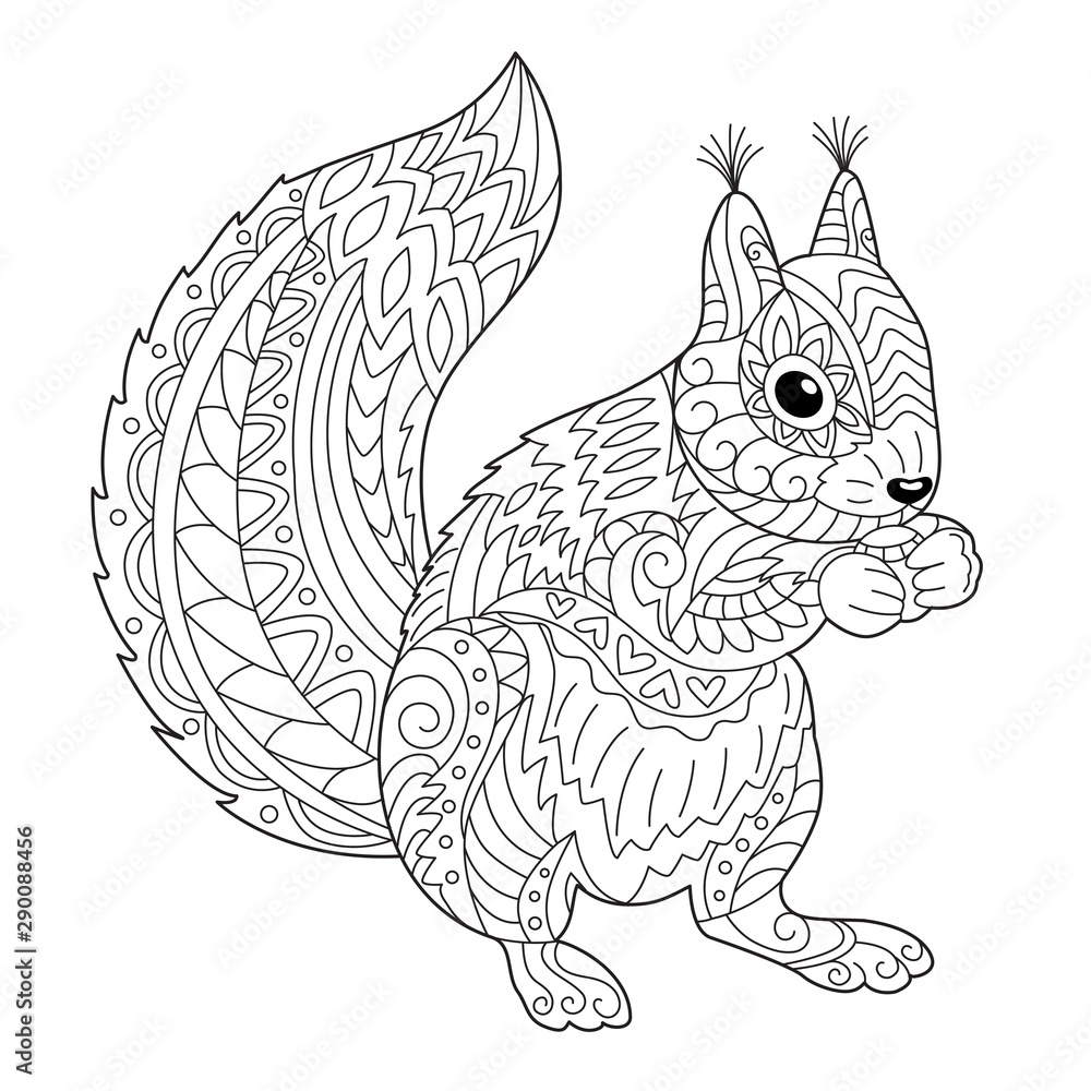 Cute squirrel coloring page for adult and children black and white vector illustration for coloring book design vector