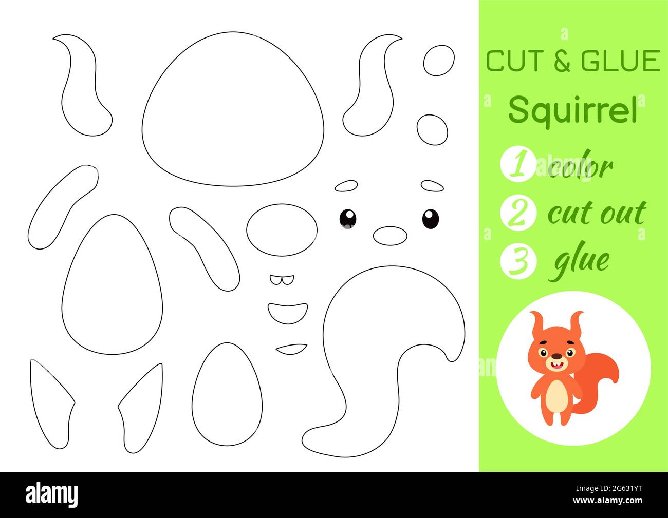 Color cut and glue paper little squirrel cut and paste crafts activity page educational game for preschool children diy worksheet kids logic game stock vector image art