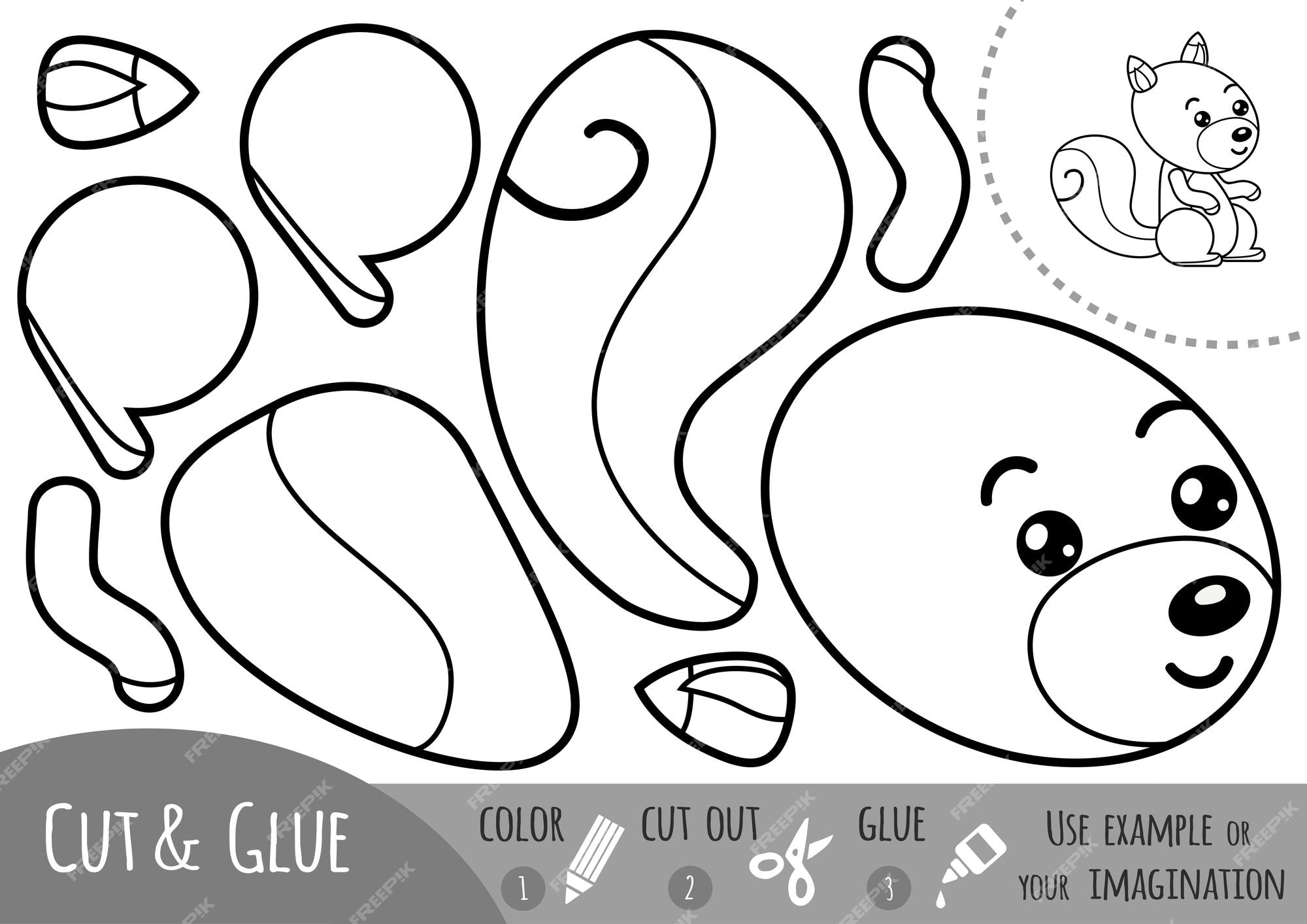 Premium vector education paper game for children squirrel use scissors and glue to create the image