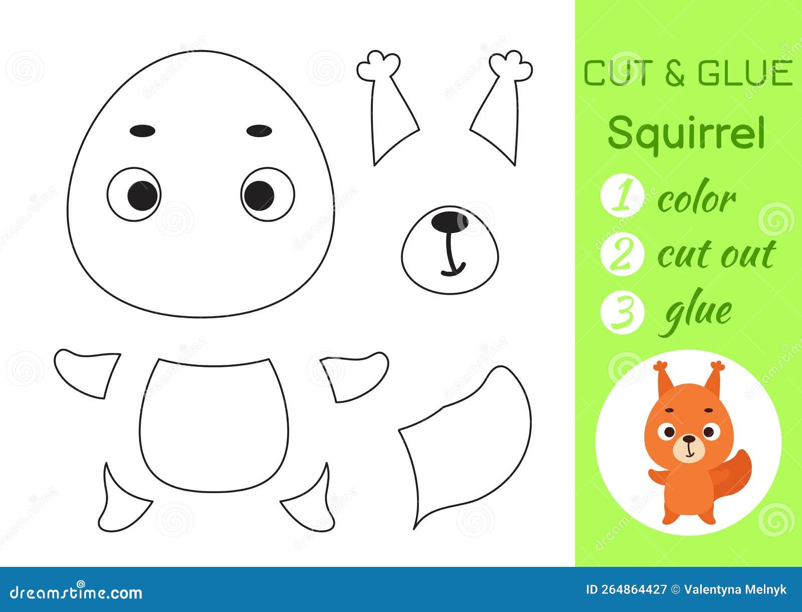 Color cut and glue paper little squirrel cut and paste crafts activity page stock vector