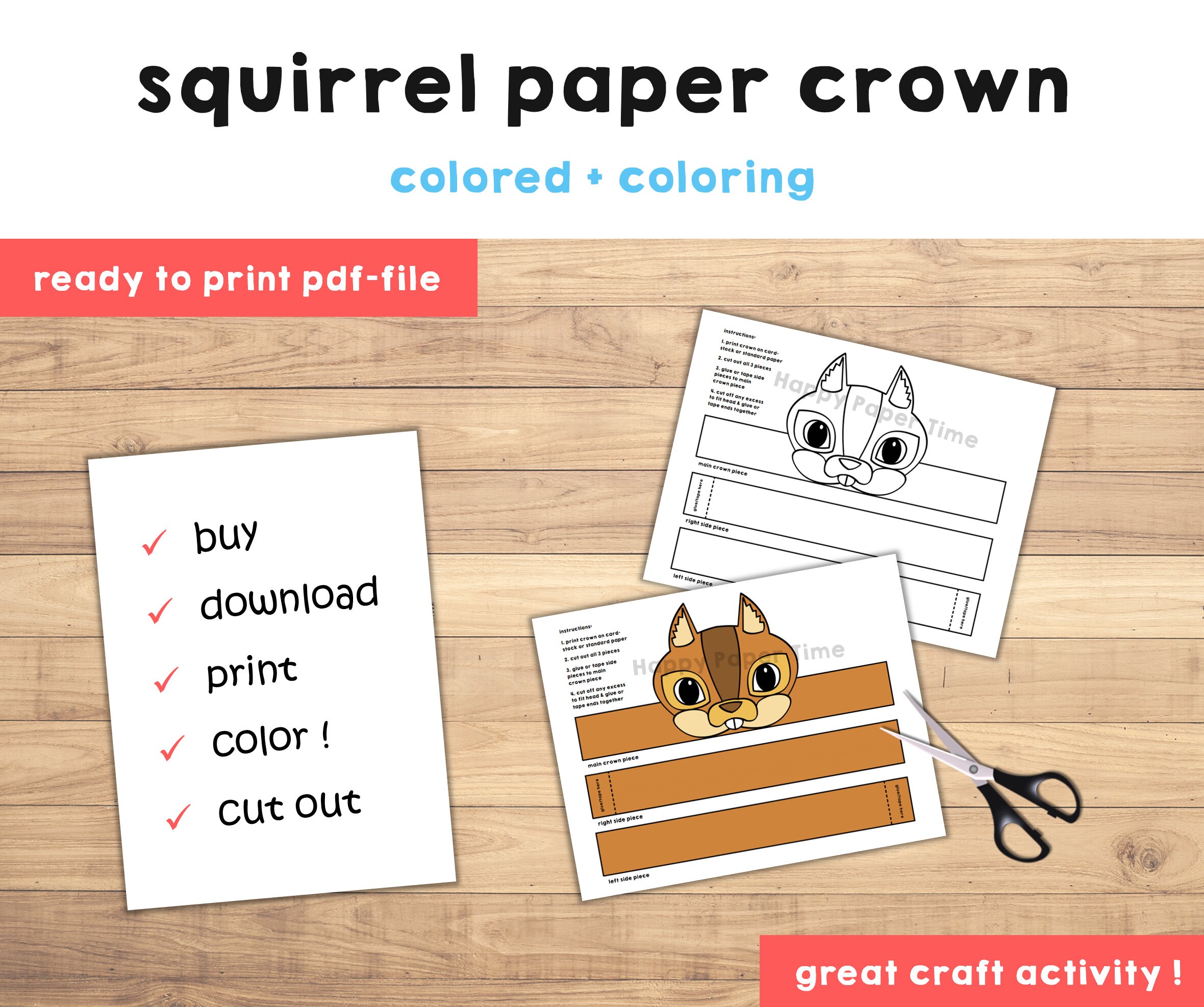 Squirrel paper crown party coloring printable kids craft woodland birthday decor printable favor pdf costume diy printable instant download