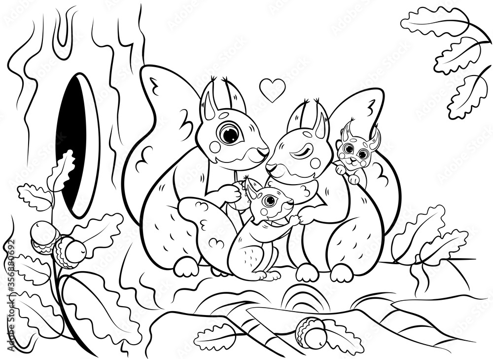 Printable coloring page outline of cute cartoon squirrel family on tree near the hollow vector image coloring book of forest wild animals for kids vector