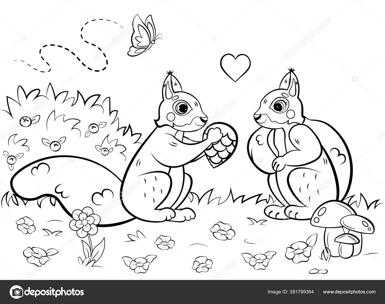 Printable coloring page outline cute cartoon squirrels love clearing vector stock vector by elenaparshina