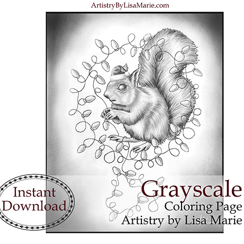 Christmas squirrel with lights printable coloring page â artistry by lisa marie