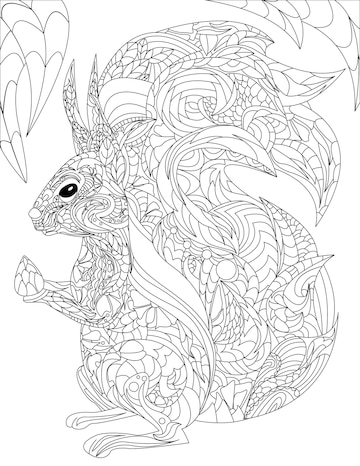 Premium vector coloring book page with cute detailed squirrel holding hazelnut sheet to be colord with little animal having nut in paws with leaves falling down