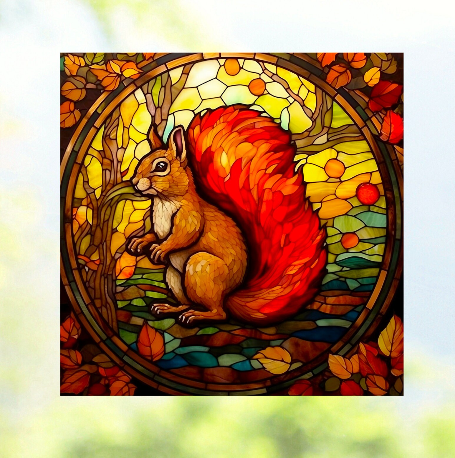 Faux stained glass squirrel window cling autumn suncatcher size square repositionable vinyl