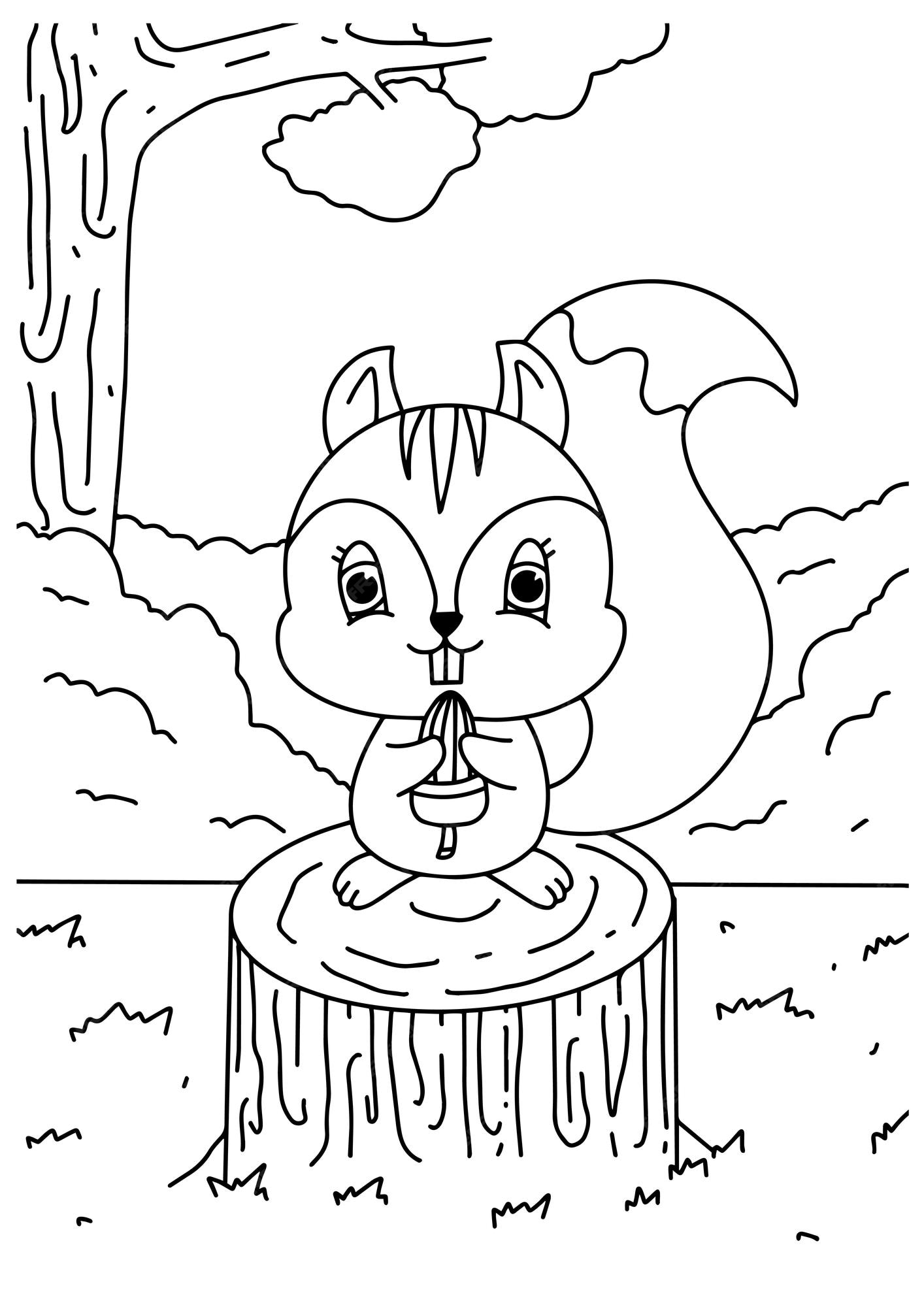 Premium vector children coloring book page cute squirrel in the forest