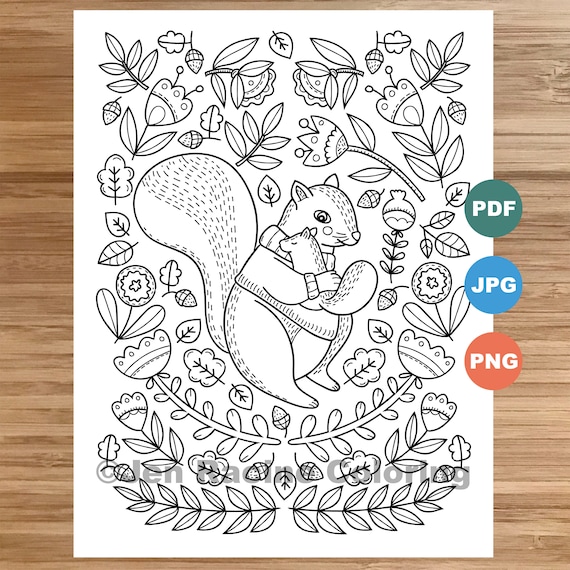 Woodland wonder coloring page squirrel family floral scandinavian forest cozy coloring coloring page for kids instant download