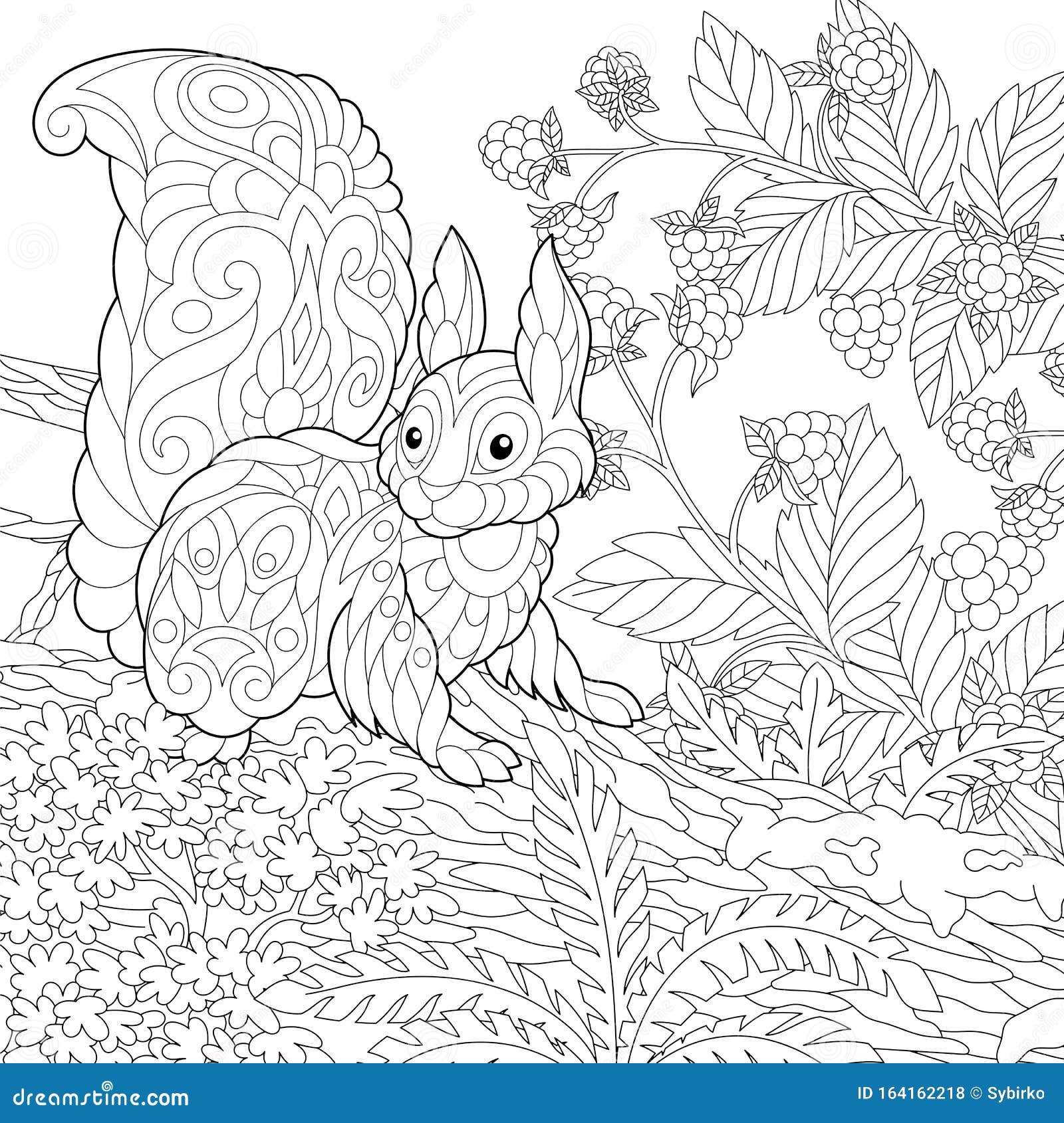 Coloring page with cute squirrel in the forest stock vector