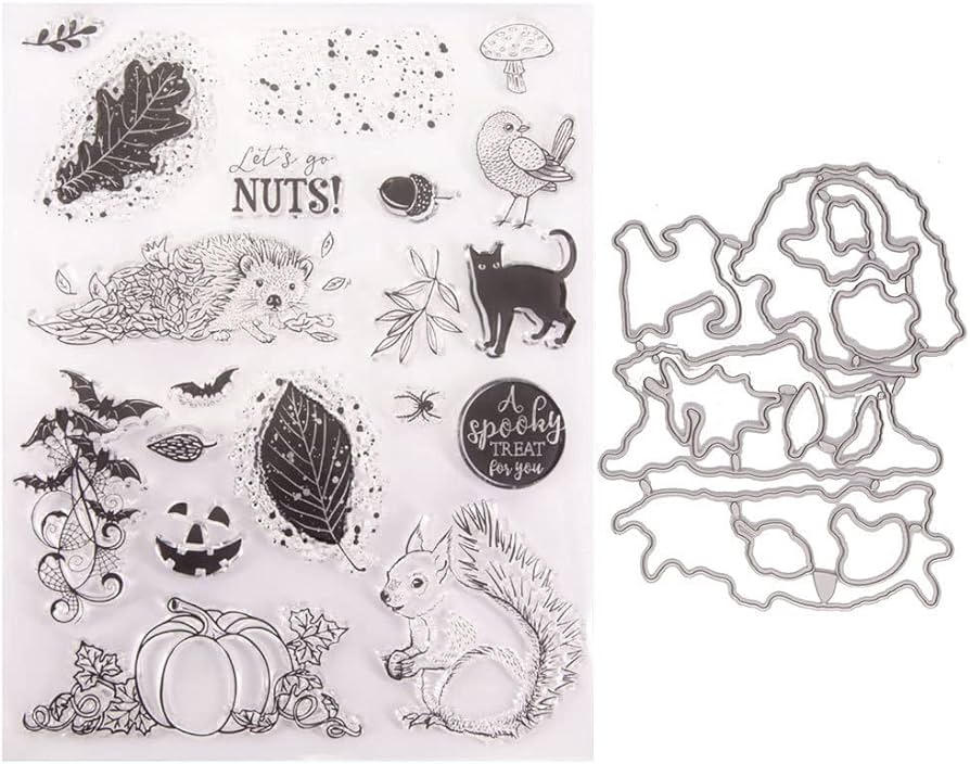 Fufuyo squirrel hedgehog pumpkin halloween siline stamp with cutting dies cutting stencils set for diy card making scrapbooking embossing photo album stamp and cutting die x cm home